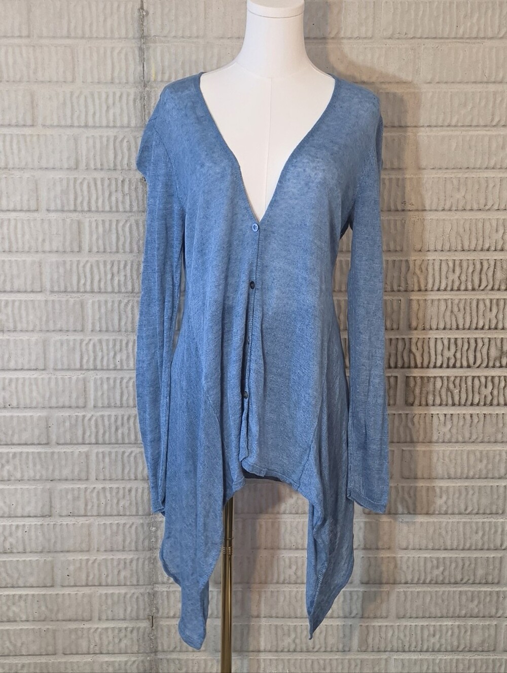 Blue Eileen Fisher 100% Linen Handkerchief Hem Asymmetrical Duster Cardigan